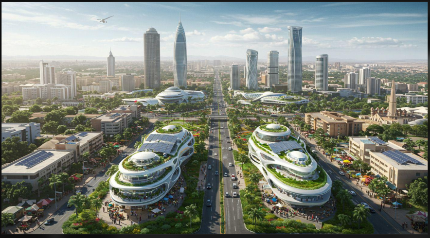 Masterplan-Vision eines landschaftlich gestalteten zentralen Boulevards mit modernen Türmen und bepflanzten Terrassen.